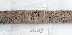 1800's Ancient Indian Hand Carved Wood Ganesha Floral Figure Welcome Door Panel