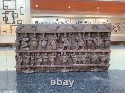 1800's Ancient Old Wood Carved Hindu Multi God Goddess Figure Wall Door Panel