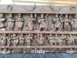 1800's Ancient Old Wood Carved Hindu Multi God Goddess Figure Wall Door Panel