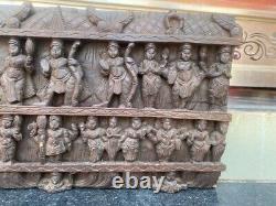 1800's Ancient Old Wood Carved Hindu Multi God Goddess Figure Wall Door Panel