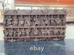 1800's Ancient Old Wood Carved Hindu Multi God Goddess Figure Wall Door Panel