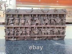 1800's Ancient Old Wood Carved Hindu Multi God Goddess Figure Wall Door Panel