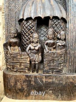1800's Ancient Wooden Hand Carved Tribal Family in House Under Tree Wall Panel