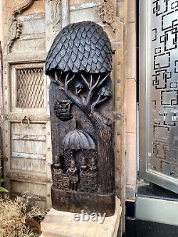 1800's Ancient Wooden Hand Carved Tribal Family in House Under Tree Wall Panel
