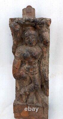 1850 Antique Old Rare Hand Carved Wood Hindu Goddess Laxmi Standing Figure Panel