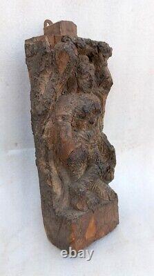 1850 Antique Old Rare Hand Carved Wood Hindu Goddess Laxmi Standing Figure Panel