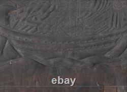 18th / 19th Century Asian Carved Wood Panel / Woodblock of Boat at Sea w Tree