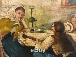 18th-19th c. RUSSIAN FOLK ART PAINTING on CARVED WOOD PANEL Peasant Man & Woman