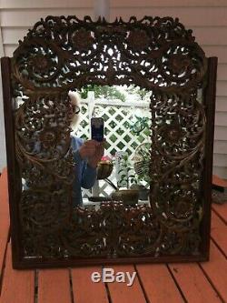 18th-19thC Chinese Carved Wood Panel Screen Red Gilt Mirrored Back Wall Hanger