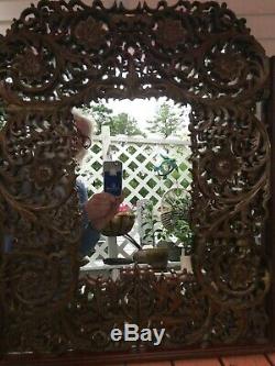 18th-19thC Chinese Carved Wood Panel Screen Red Gilt Mirrored Back Wall Hanger