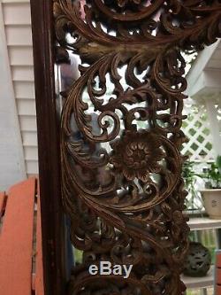 18th-19thC Chinese Carved Wood Panel Screen Red Gilt Mirrored Back Wall Hanger