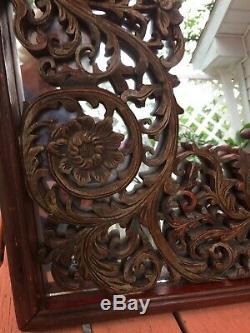 18th-19thC Chinese Carved Wood Panel Screen Red Gilt Mirrored Back Wall Hanger