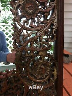 18th-19thC Chinese Carved Wood Panel Screen Red Gilt Mirrored Back Wall Hanger