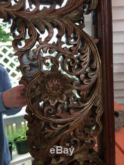 18th-19thC Chinese Carved Wood Panel Screen Red Gilt Mirrored Back Wall Hanger