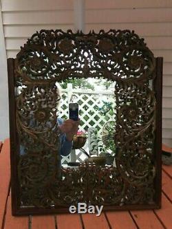 18th-19thC Chinese Carved Wood Panel Screen Red Gilt Mirrored Back Wall Hanger