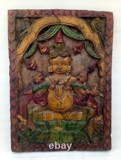 18th Antique Wooden Hand Carved Painted Hindu God Kuber Wall Panel Door Panel