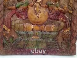 18th Antique Wooden Hand Carved Painted Hindu God Kuber Wall Panel Door Panel