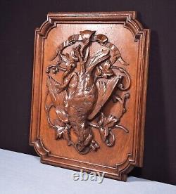 19 Tall Antique French Solid Oak Panel Highly Carved Hunting Theme with Bird