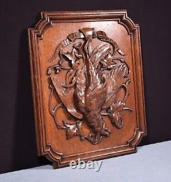 19 Tall Antique French Solid Oak Panel Highly Carved Hunting Theme with Bird