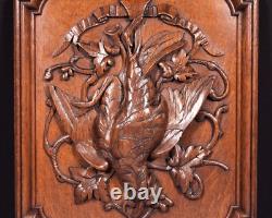 19 Tall Antique French Solid Oak Panel Highly Carved Hunting Theme with Bird