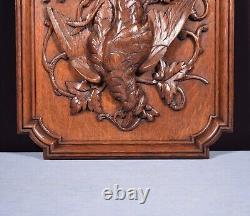 19 Tall Antique French Solid Oak Panel Highly Carved Hunting Theme with Bird