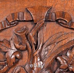 19 Tall Antique French Solid Oak Panel Highly Carved Hunting Theme with Bird