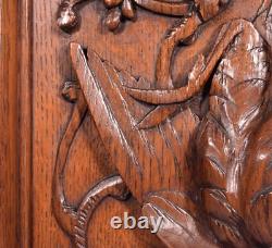 19 Tall Antique French Solid Oak Panel Highly Carved Hunting Theme with Bird