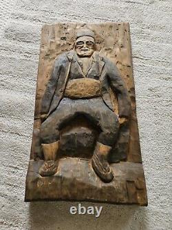 1920 Hand Carved Primitine Folk Art Old Man Wood Panel Serbian Maker Signed