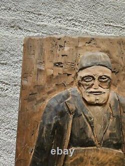 1920 Hand Carved Primitine Folk Art Old Man Wood Panel Serbian Maker Signed