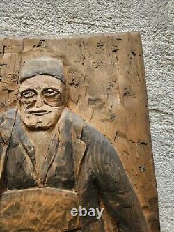 1920 Hand Carved Primitine Folk Art Old Man Wood Panel Serbian Maker Signed