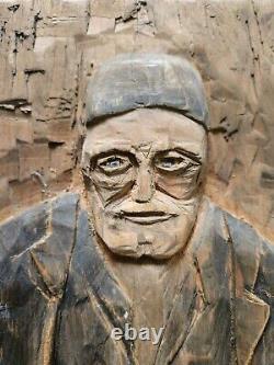 1920 Hand Carved Primitine Folk Art Old Man Wood Panel Serbian Maker Signed