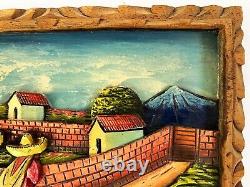 1940s MEXICAN HAND CARVED RELIEF WOOD LANDSCAPE SCENE WALL PLAQUE PANEL FOLK ART