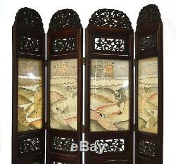 19C Chinese Kesi Kossu Silk Embroidery Hardwood Wood Carved Screen Panel Dragon