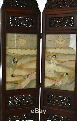 19C Chinese Kesi Kossu Silk Embroidery Hardwood Wood Carved Screen Panel Dragon