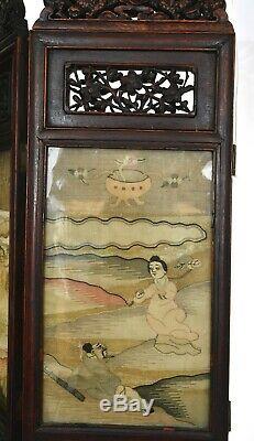 19C Chinese Kesi Kossu Silk Embroidery Hardwood Wood Carved Screen Panel Dragon