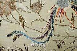 19C Chinese Silk Embroidery Gold Threads Phoenix Panel Wood Carved Tea Tray