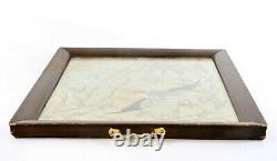 19C Chinese Silk Embroidery Gold Threads Phoenix Panel Wood Carved Tea Tray