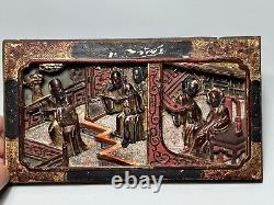 19c. Antique China Qing Wood Carven Panel Wall Hager Two Scenes Red Gild Gold