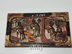 19c. Antique China Qing Wood Carven Panel Wall Hager Two Scenes Red Gild Gold