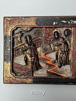 19c. Antique China Qing Wood Carven Panel Wall Hager Two Scenes Red Gild Gold