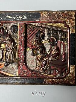 19c. Antique China Qing Wood Carven Panel Wall Hager Two Scenes Red Gild Gold