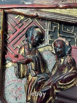 19c. Antique China Qing Wood Carven Panel Wall Hager Two Scenes Red Gild Gold