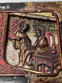 19c. Antique China Qing Wood Carven Panel Wall Hager Two Scenes Red Gild Gold