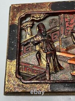 19c. Antique China Qing Wood Carven Panel Wall Hager Two Scenes Red Gild Gold