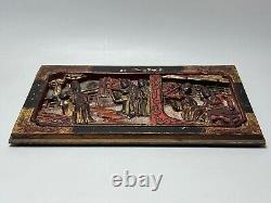 19c. Antique China Qing Wood Carven Panel Wall Hager Two Scenes Red Gild Gold