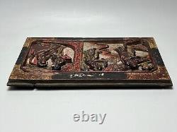 19c. Antique China Qing Wood Carven Panel Wall Hager Two Scenes Red Gild Gold