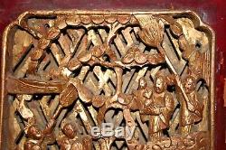 19c Antique Chinese Gilt Gold Paint Carved Wood Carving Relief Panel Wall Plaque