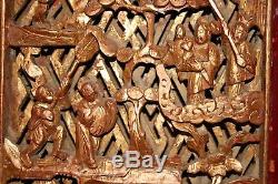 19c Antique Chinese Gilt Gold Paint Carved Wood Carving Relief Panel Wall Plaque