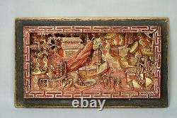 19c. Qing China Chinese Wooden Carved Panel Red Gild River Boats Fishermen 12'