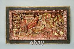 19c. Qing China Chinese Wooden Carved Panel Red Gild River Boats Fishermen 12'